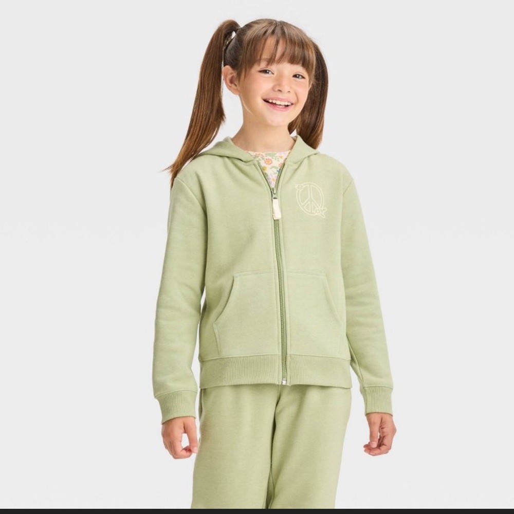 Girls' Zip-Up Fleece Hoodie Sweatshirt - Cat & Jack™ Light Olive Green L 10-12 - Picture 1 of 3